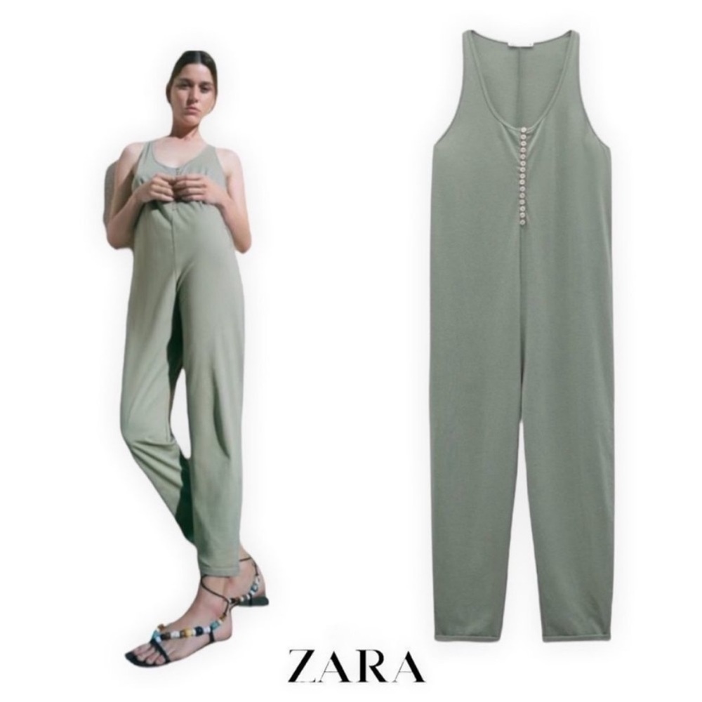 Zara Women's Sage Green Sleeveless Casual Jumpsuit.